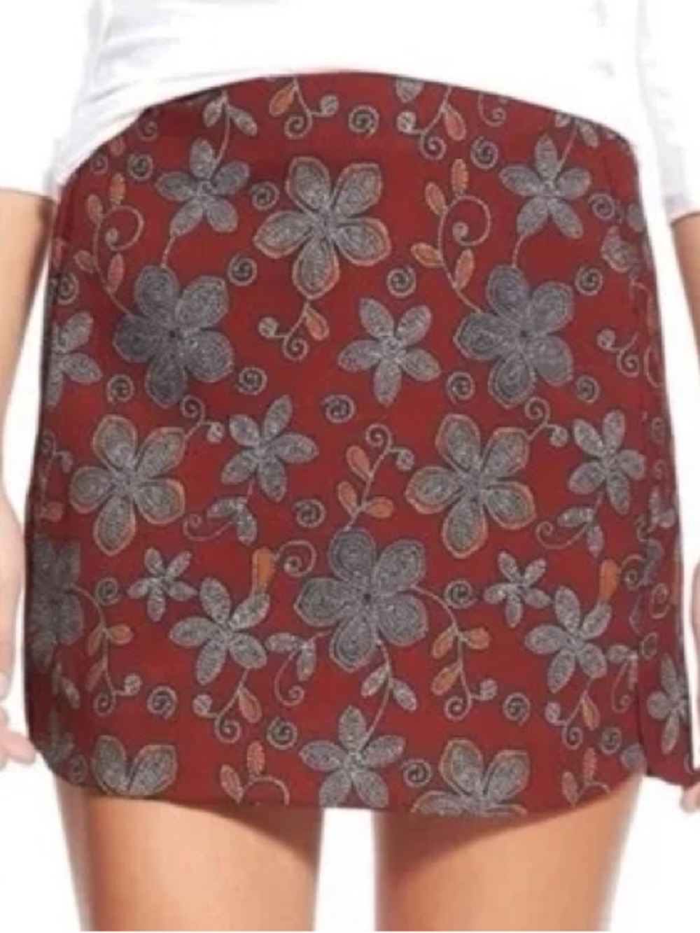 Lush Red Mini Skirt with Gray Floral Print